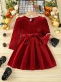 Young Girl Surplice Neck Puff Sleeve Belted Dress