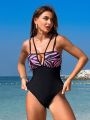 SHEIN Swim Classy Women'S One-Piece Swimsuit With Zebra Pattern And Hollow Out Details