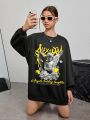 Teen Girl Letter & Figure Graphic Drop Shoulder Sweatshirt Dress