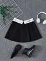 SHEIN Kids EVRYDAY Girls' Color Blocking Patched Detail Pleated Skirt