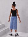 SHEIN Kids Cooltwn Big Girls' Daily Casual Knitted Sleeveless Vest Top And Denim Printed High Slit Skirt