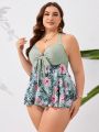 SHEIN Swim Classy Plus Size Tropical Print Spliced Knot Front Bikini Set