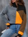 SHEIN LUNE Color Block Turtleneck Drop Shoulder Sweater