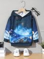 SHEIN Kids HYPEME Toddler Boys' Casual Loose Fit Space & Astronaut Pattern Hoodie