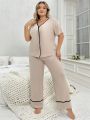 Plus Size Solid Color Top And Pants Homewear Set