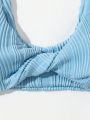 SHEIN Swim Basics Women's Textured Twist Knot Blue Bikini Top