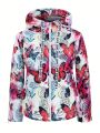 SHEIN Privé Women's Plus Size Comfortable Butterfly Printed Drawstring Hooded Warm Jacket