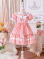 SHEIN Kids CHARMNG Young Girl's Lovely Lace Ruffle Hem Bubble Short Sleeve Pink & White Dress For Summer