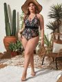 SHEIN Swim Classy Plus Size Women's Floral Printed Halterneck One-piece Swimsuit