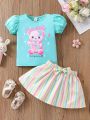 Baby Girls' Sweet Bear & Letter Printed Top And Striped Skirt Set