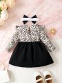 Baby Girls' Cute Leopard Print Round Neck Ruffle Trim Two-In-One Dress With Bowknot Waistband And Hairband, Casual