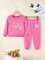 Baby Girls' Casual Cartoon Pattern Long Sleeve Sweatshirt And Long Pants Two Pieces Set, Suitable For Autumn And Winter