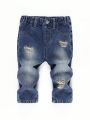 Baby Boy Casual Loose Fit Comfortable Straight Leg Jeans With Cute Bear Embroidery