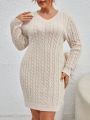 SHEIN Frenchy Plus Size V-neck Cable Knit Sweater Dress With Drawstring