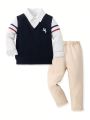 SHEIN Young Boy 2pcs/Set Comfortable Horse Embroidery 2 In 1 Shirt Soft Pants Outfits, Spring And Autumn