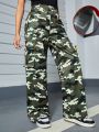 Teen Girls' Woven Camouflage Trousers With Slant Pockets And Cargo Pockets