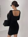 Dazy Star Solid Color Backless Long Sleeve Dress