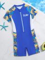 Boys' Tropical Print Spliced One-Piece Swimsuit For Kids