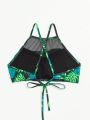 SHEIN Swim Vcay Women'S Tropical Plant Print Halter Bikini Top