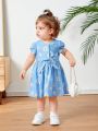 SHEIN Baby Girls' Casual Denim-like Short-sleeved Dress With Floral Print