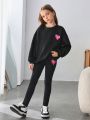 SHEIN Kids HYPEME Tween Girl Heart & Slogan Graphic Drop Shoulder Pullover & Leggings