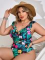 SHEIN Swim Vcay Plus Size Tropical Print One-Piece Swimsuit With Ruffled Hemline Decoration