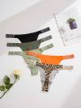 5pcs/pack Women's Leopard Print & Letter And Rhinestone Decor Thong Underwear