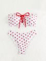 SHEIN Swim Mod Women's Heart Pattern Front Tie Bandeau Bikini Set