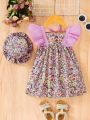 Baby Girl Floral Print Ruffle Trim Dress With Hat