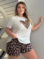 Plus Size Women's Letter & Leopard Print Short Sleeve And Shorts Homewear Set