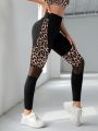 Leopard Print Mesh Insert Wideband Waist Sports Leggings