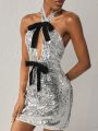 Angela Mastrolia SHEIN X Angela Mastrolia Sequins Silver Dress With Black Velvet Bows