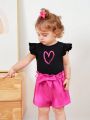 SHEIN Baby Girls' Lovely Flutter Sleeve Heart Pattern Top With Belted Shorts Set