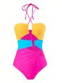 SHEIN Swim BAE Women's Colorblock Cutout Halter One-piece Swimsuit