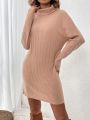 SHEIN LUNE Ribbed High Neck Long Sleeve Sweater Dress