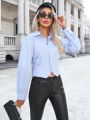 SHEIN Privé Blue Irregular Hem Long Sleeve Shirt