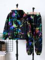 SHEIN Kids HYPEME Tween Boy Splash Ink Print Hooded Jacket & Sweatpants Without Tee