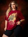 HOUSE OF THE DRAGON X SHEIN Plus Size Letter Print Round Neck Drop Shoulder T-Shirt