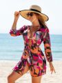 SHEIN Swim Classy Ladies All Over Printed Kimono With Knotted Front