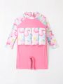 Little Girls Random Tropical And Cartoon Flamingo Print Raglan Long Sleeve One Piece Swimsuit