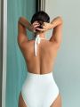 SHEIN Swim Chicsea Solid Color Backless Halter One-piece Swimsuit
