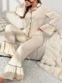 Contrast Binding Flare Sleeve Ruffle Hem Lounge Set