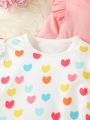 Baby Girl 3pcs Solid & Heart Print Ruffle Trim Tee