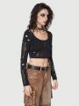 Grunge Punk Women's Distressed Cutout Back Knot Crop Top