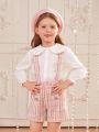 SHEIN Young Girl Peter Pan Collar Blouse & Plaid Print Suspender Shorts