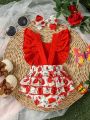 Baby Girls' Vacation Style Romantic Jumpsuit With Rose Print, Colorblocking Backless Triangle Romper, Lovely And Fashionable For Spring And Summer