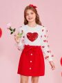 SHEIN Kids FANZEY Girls' Knitted Stand Collar Patchwork Top & Woven Mesh Skirt Set (matched With Sibling Outfits) (2 Sets Sold Separately)