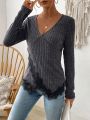 Lace Spliced V-Neck Long Sleeve Casual T-Shirt