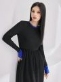 SHEIN Mulvari Women'S Color Block Long Sleeve Round Neck Dress