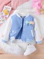 Young Girl Embroidered 3d Floral Decoration Single Jacket With Color Blocking, Cute And Minimalistic Style, Perfect For Autumn And Winter Holidays